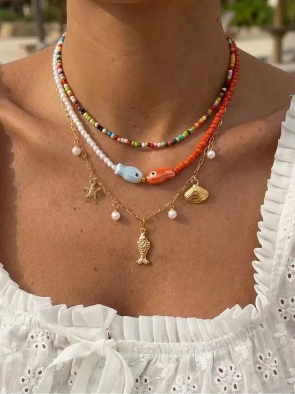 Multi-Color Beaded Fish & Shell Layered Necklace R700
